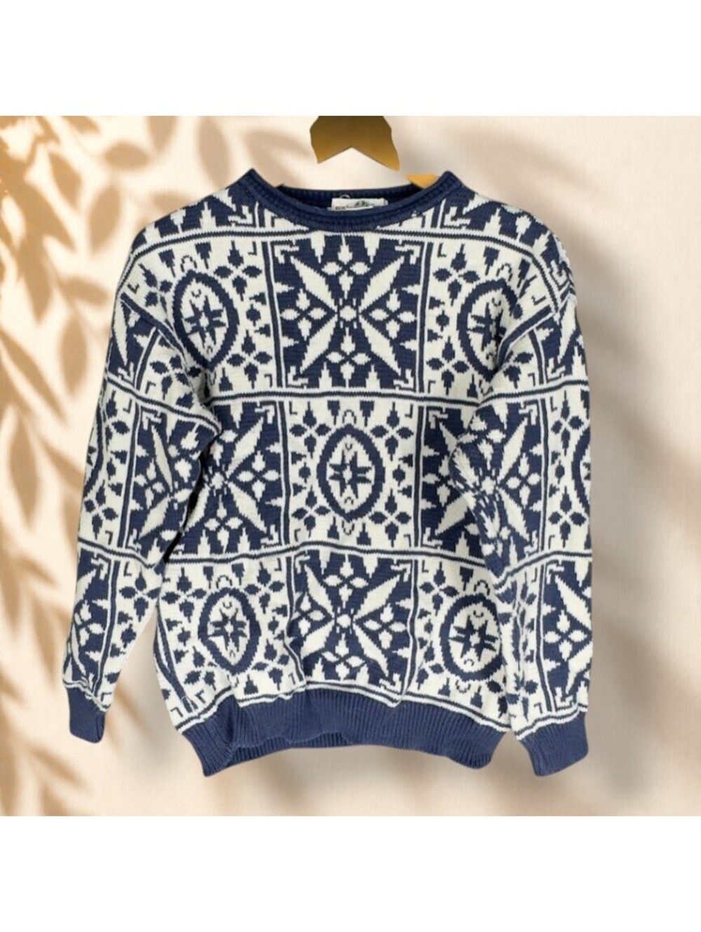 Boston Traders Sweater Pullover Women M Medium Blue Geometric Knit Cotton Soft
